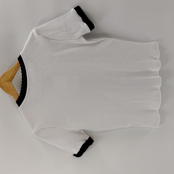 Zara Button Down Top Size Large White Ribbed Top Black Trim Short Sleeve Stretch - Picture 5 of 5